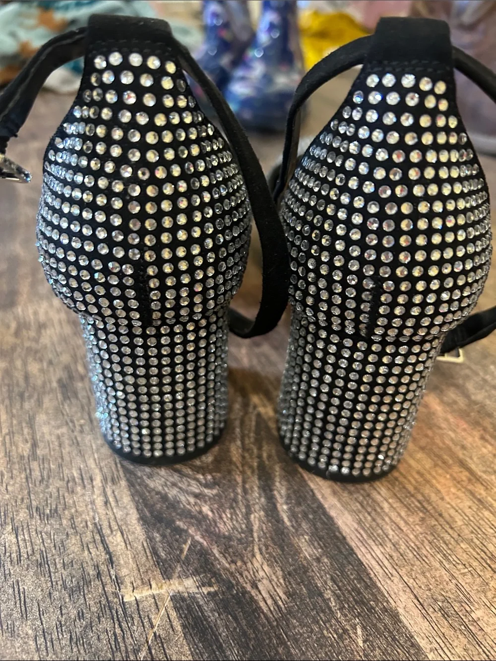 Gianni Bini Black Rhinestone Ankle-Strap Block Heels